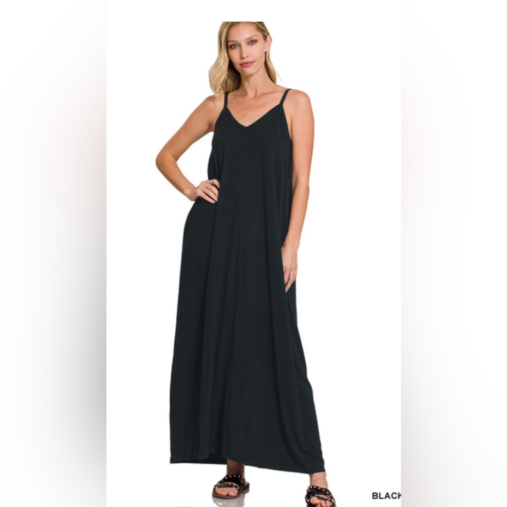 ZENANA V-NECK CAMI MAXI DRESS WITH SIDE POCKETS